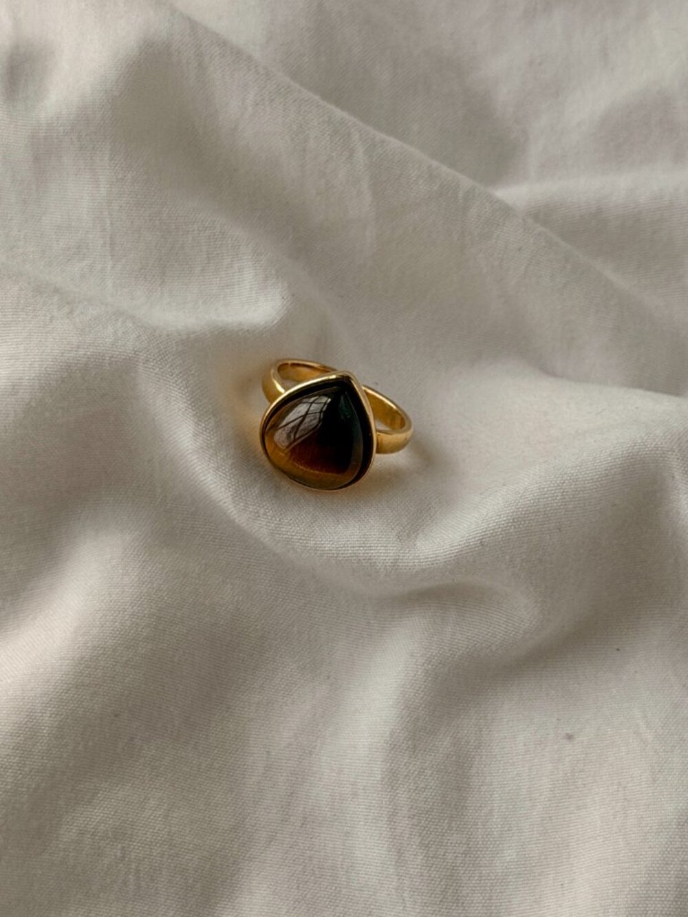 Bold Drop 18k Gold Plated Adjustable Size (4-7) Ring - Tiger's Eye
